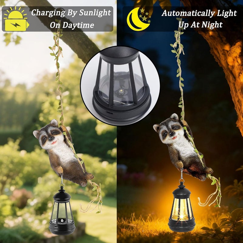 ZaaYee Solar Hanging Raccoon Statue, Outdoor Resin Animal Figurine with LED Lights for Garden, Fence, Porch, Patio, Yard Decor, Dusk to Dawn Auto On/Off - Image 4